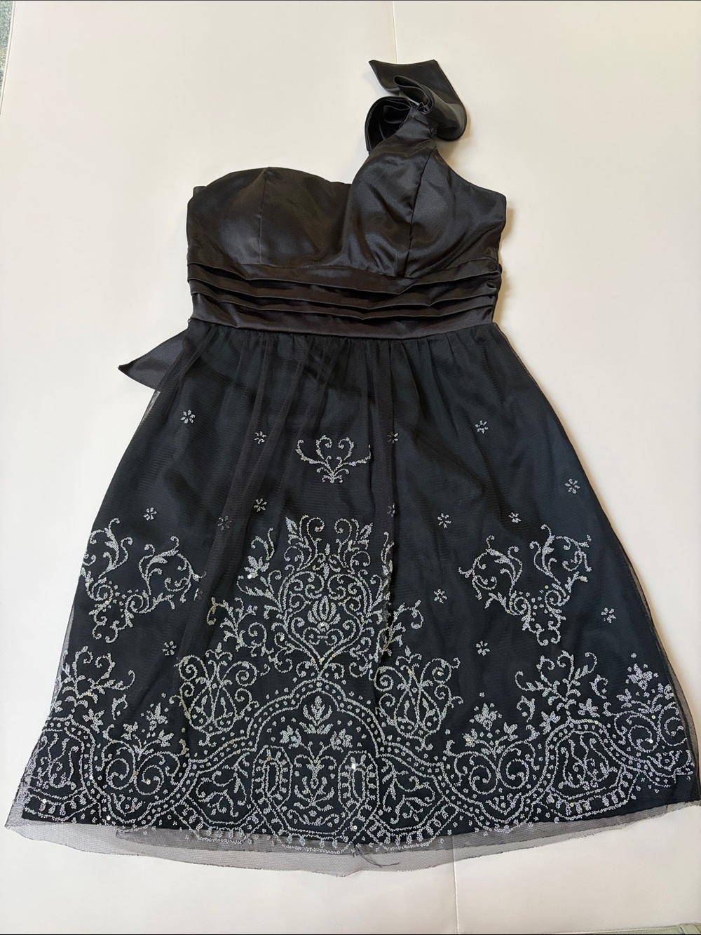 Taboo Black One-Shoulder Cocktail Dress with Silver Embroidery